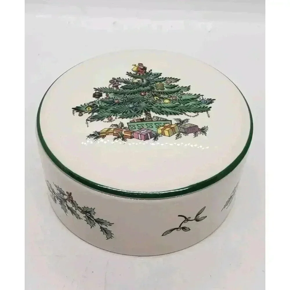 Vintage SPODE Christmas Tree Covered Candy Dish Trinket Vanity Jewelry Gift Box